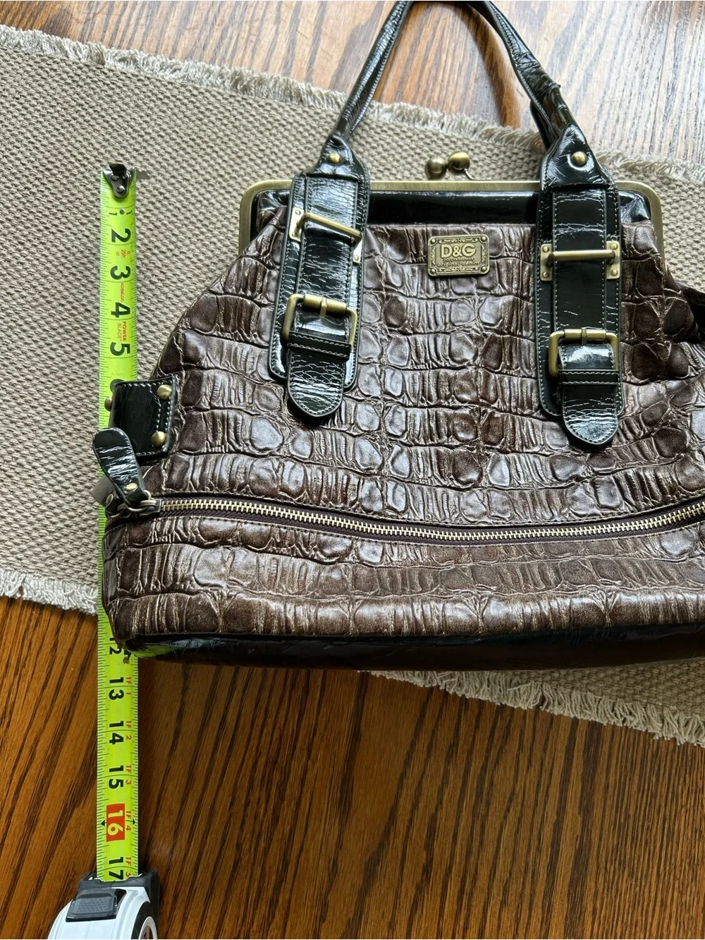 Vintage D&G Brown Croc-Embossed Leather Satchel with Black Trim
